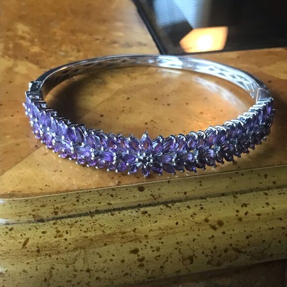 Natural African Amethyst Sterling Silver Bangle Bracelet - Picture 11 of 11